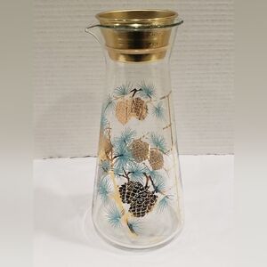 Vintage Douglas MCM 32 oz Glass Carafe Turquoise & Gold Painted Pinecone